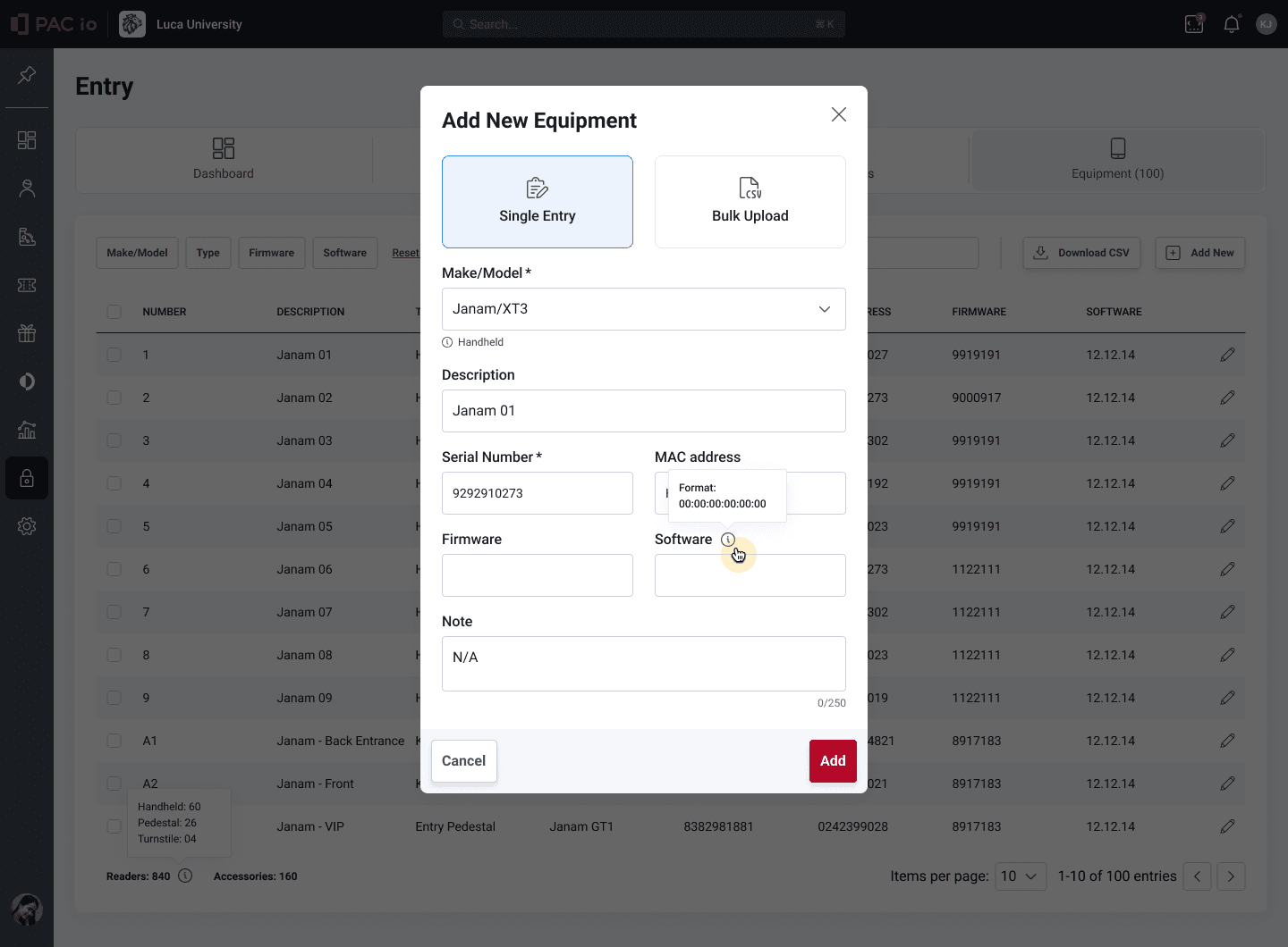 The Access Control 2.0 screen for defining ticket validations and assigning devices to entrances