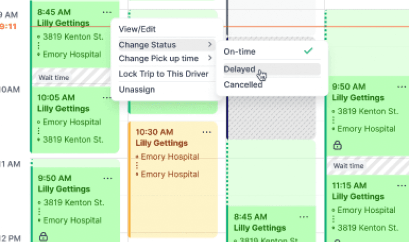 Quick-action menu on a ride row