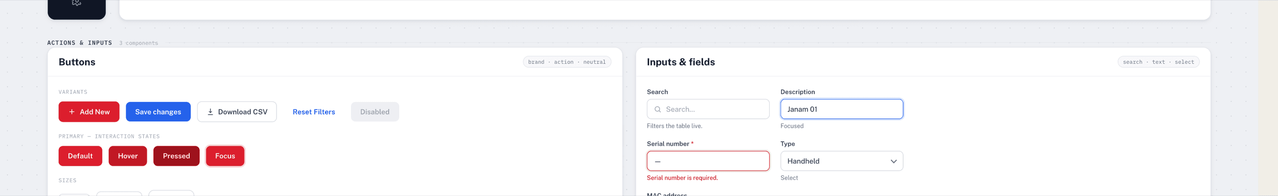 Pac X controls with real states: button variants with default, hover, pressed and focus, inputs with focused, required-error and read-only, plus selection controls, status badges and filter chips
